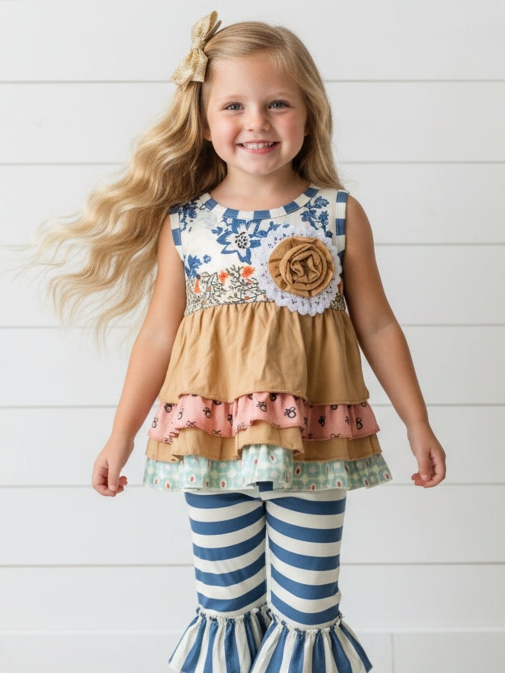 Boutique Ruffle Teal & Gold Striped Outfit, gir;s